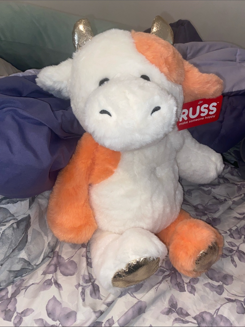 Russ Plush Cow with White, Orange & Gold Accents